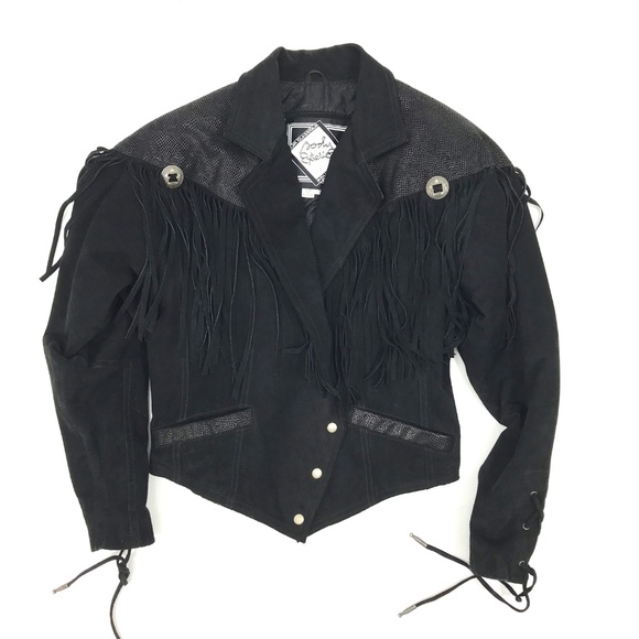 Vintage Suede Fringe 80s Black Leather Cropped Jacket - Picture 2 of 7
